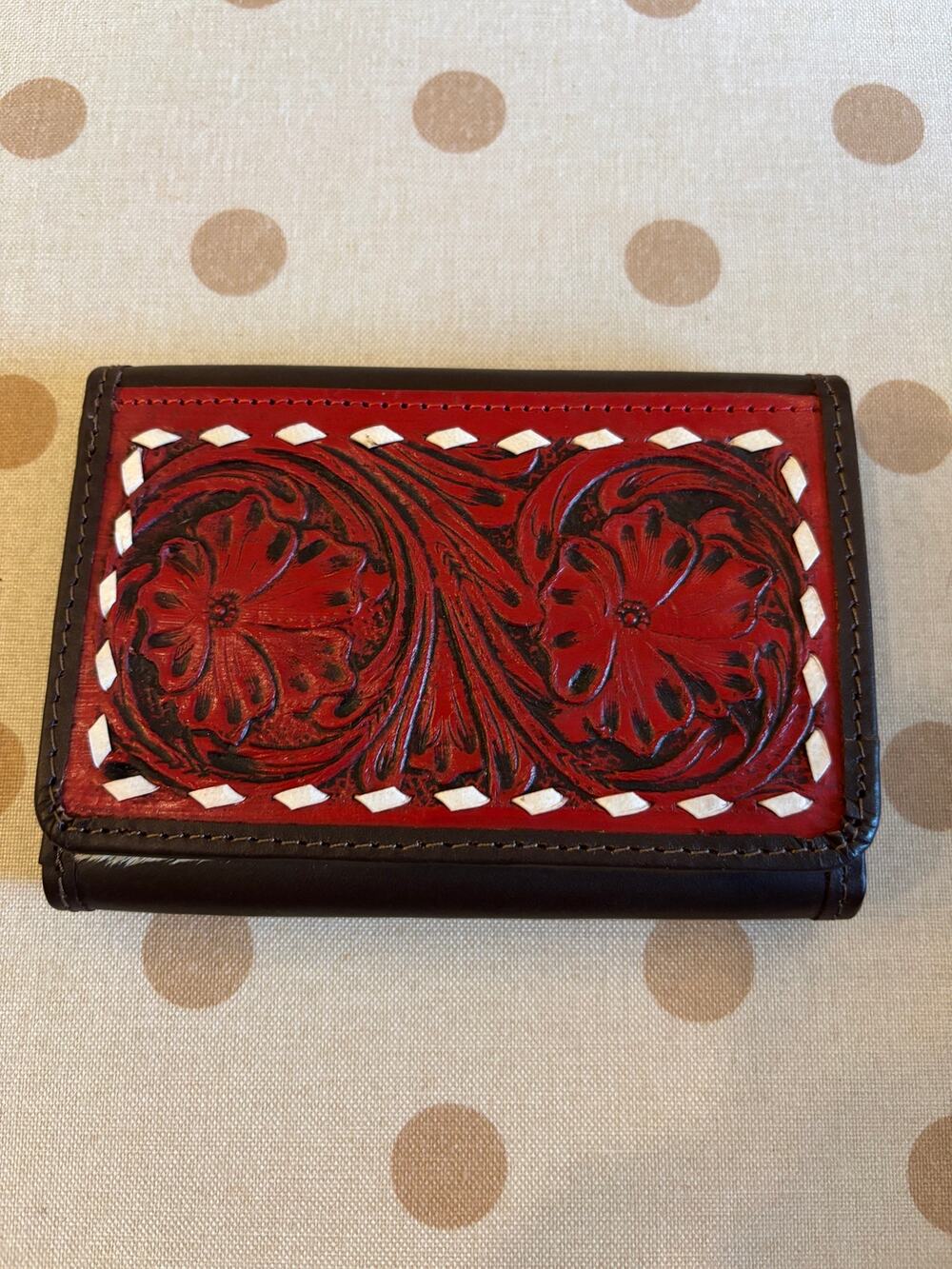 Tooled Leather Cowhide Western 3 Fold Wallet in Red